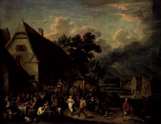Grosse Dorfkirmes mit tanzendem Paar de David Teniers