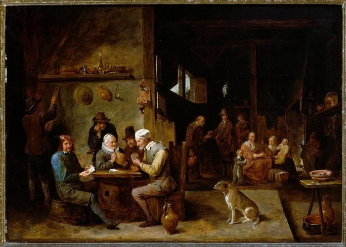 A Farmhouse Interior with Peasants at a Table Playing Cards de David Teniers