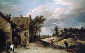 Ninepin game in front of the bars de David Teniers