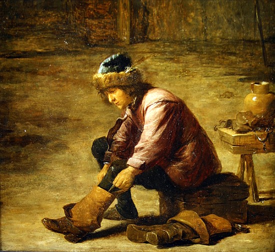 A young man pulling on a boot de David the Younger Teniers