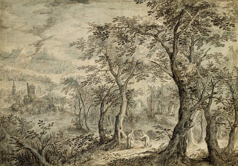 Wooded Landscape with the Temptation of Christ (pen and grey ink, brush and w/c on de David Vinckboons