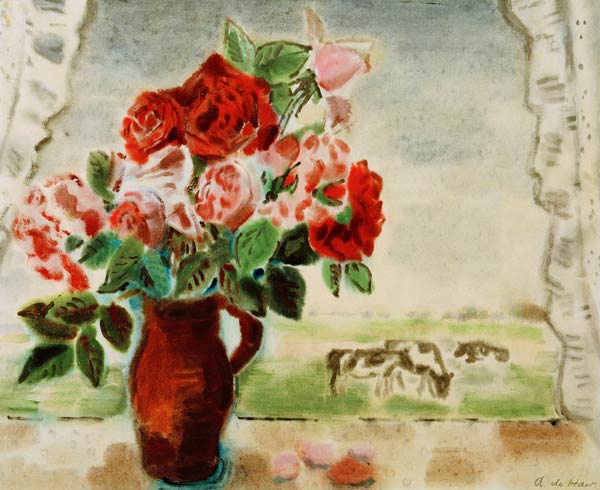 Adolf de Haer, Braune Vase mit Rosen de de Haer Adolf