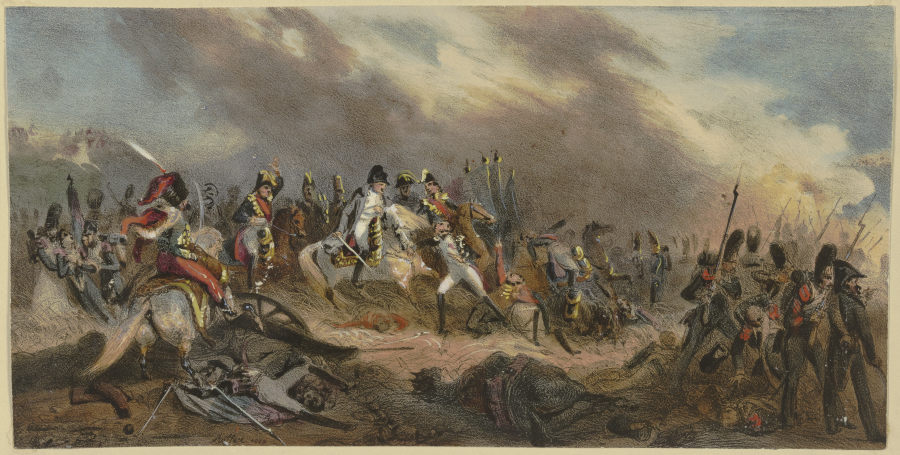Napoleon mit seinem Hut über ein Schlachtfeld reitend de Denis Auguste Marie Raffet