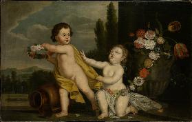 Two Putti with Garlands of Flowers