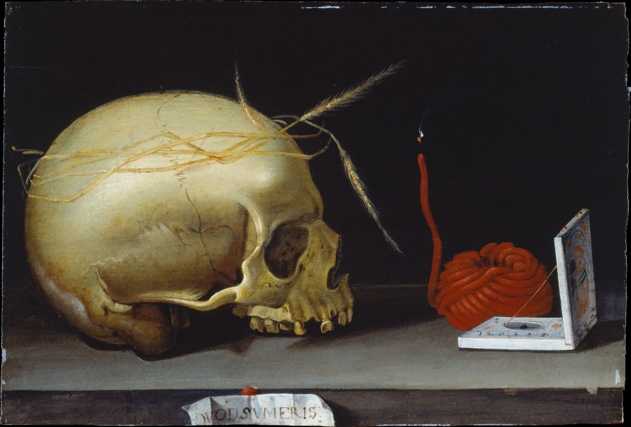 Vanitas Still Life with Skull, Wax Taper and Portable Sundial de Deutscher Meister um 1620