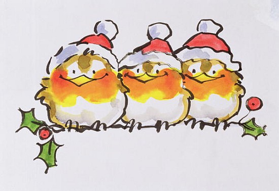 Christmas Robins (ink and w/c on paper)  de Diane  Matthes