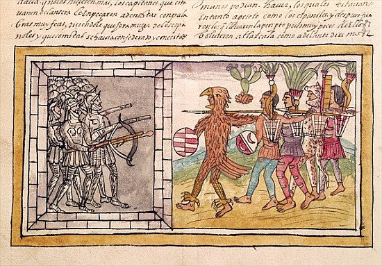 Codex Duran: Pedro de Alvarado (c.1485-1541) companion-at-arms of Hernando Cortes (1485-1547) besieg de Diego Aztec warriors Duran