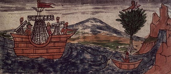 Fol.197v An Indian spy observes the arrival of a Spanish ship on the Mexican coast de Diego Duran