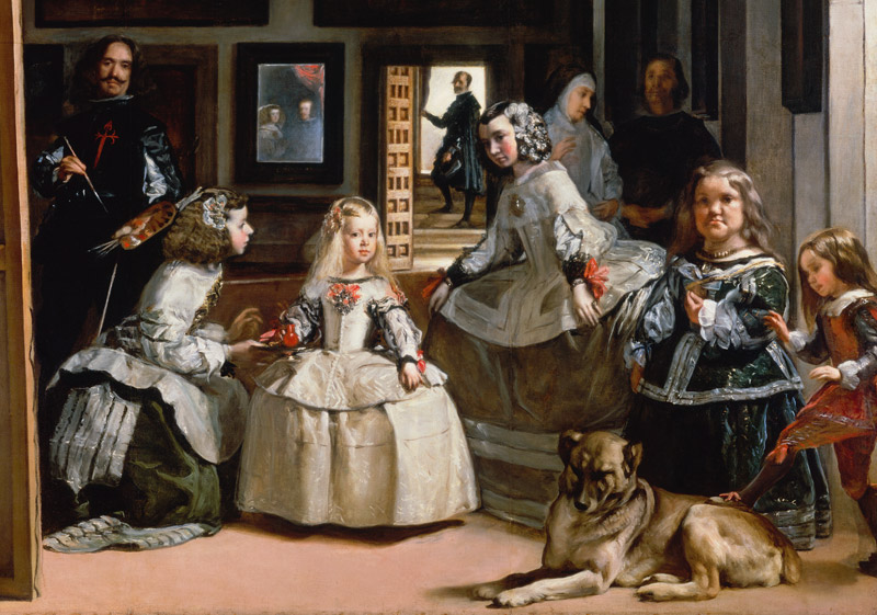 Las Meninas (detalle de la mitad inferior describiendo la familia de Felipe IV de España (1605 -1665 de Diego Rodriguez de Silva y Velázquez