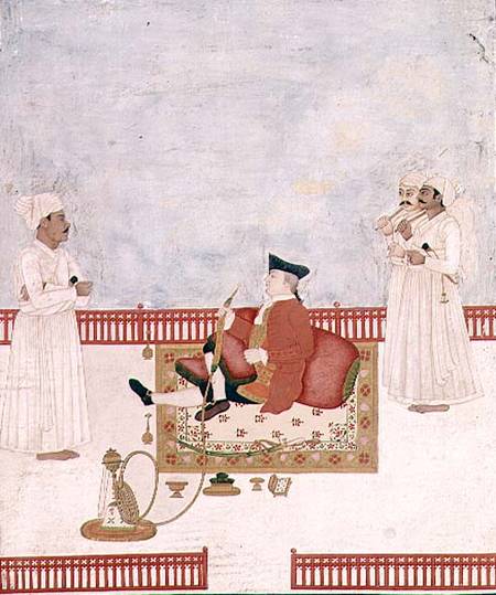 A European Seated on a Terrace with Attendants de Dip Chand