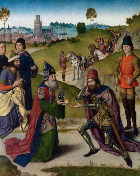 The Last Supper altarpiece: Meeting of Abraham and Melchizedek (left wing) de Dirck Bouts