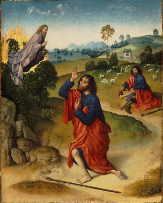 Moses and the Burning Bush, with Moses Removing His Shoes de Dirck Bouts