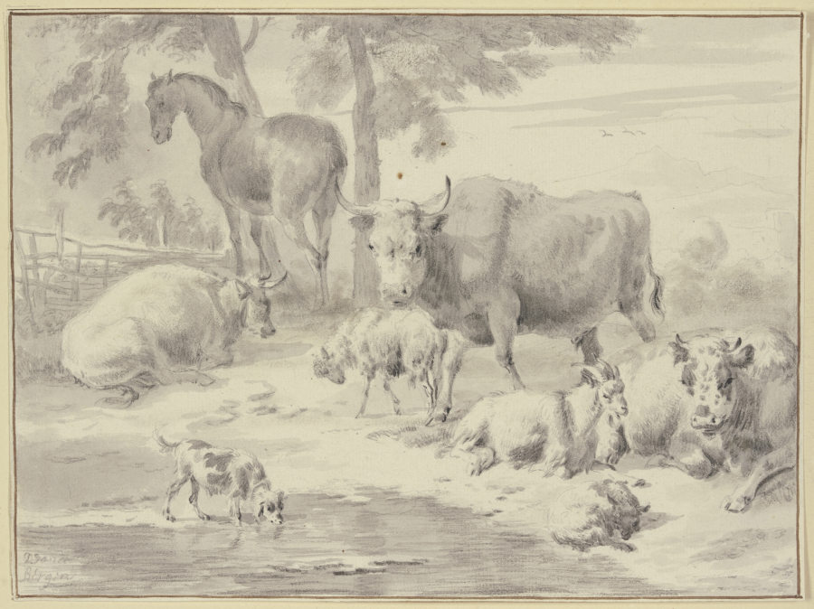 Kühe, Schafe, eine Ziege, ein Pferd und ein Hund bei einem Wasser de Dirck van Bergen