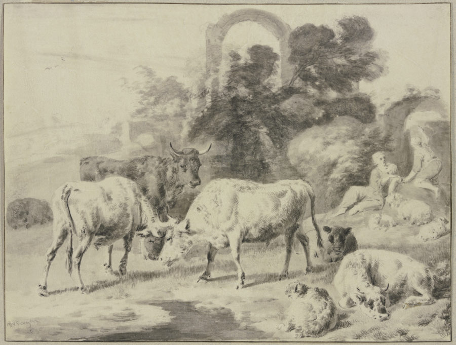 Cow herd with shepherds de Dirck van Bergen