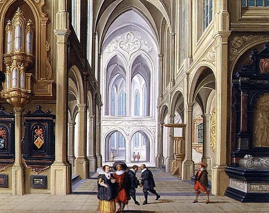 Elegant Figures in a Gothic Church, 17th century 99;interior; ecclesiatical; architecture; architect de Dirck van Deelen