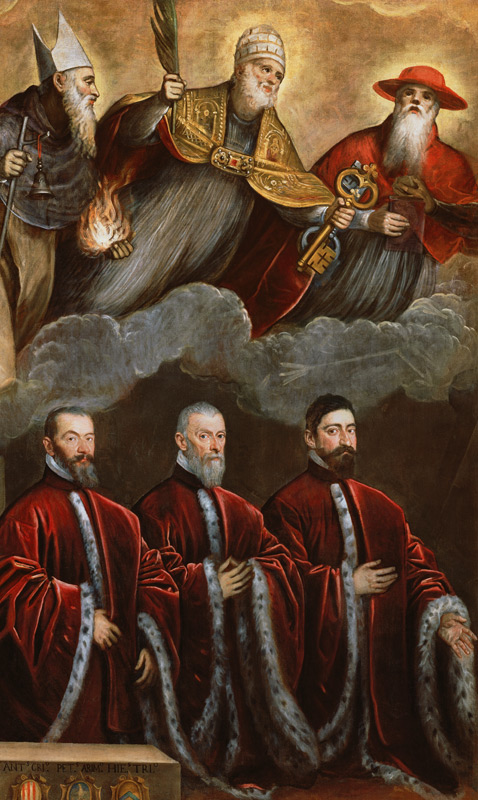 Saint Jerome, Saint Peter and Saint Anthony above a portrait of three lawyers de Domenico Tintoretto