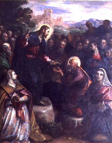 Christ Delivering the Keys to St. Peter with St. Jacinta and St. Justina of Padua de Domenico Tintoretto