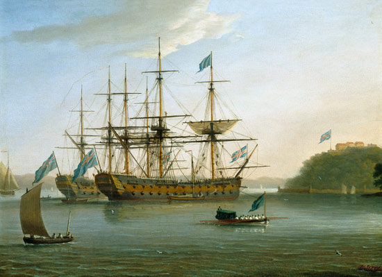 Two British Men of War moored under Mount Edgecomb, Plymouth with the admiral's barge returning to s de Dominic Serres