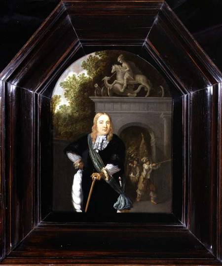 Portrait of Captain Jacobus Van Der Burgh standing before the Doeler Poort, Leiden de Dominicus van Tol
