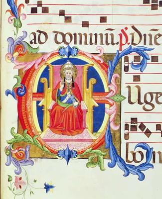Ms 572 f.125r Historiated initial 'E' depicting St. Peter as the first bishop of Rome from an antiph de Don Simone Camaldolese