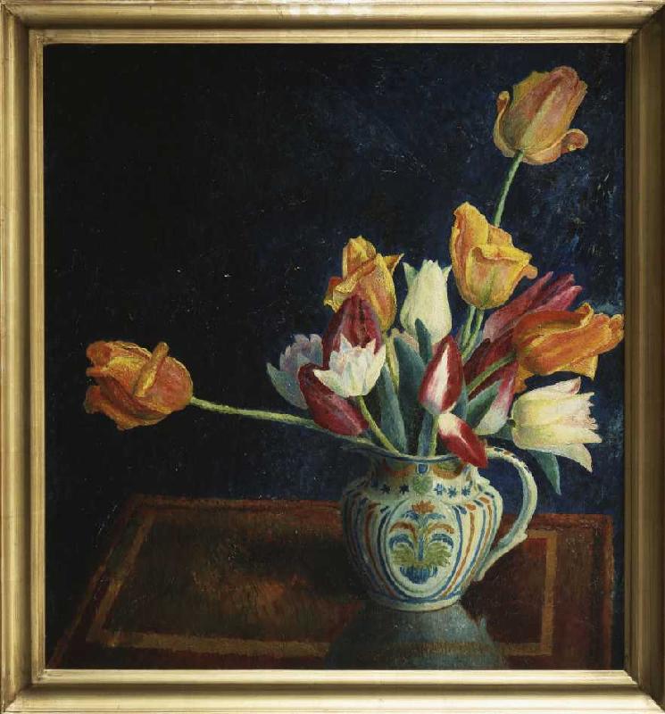 Tulpen in einem bemalten Krug. de Dora Carrington