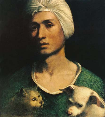 Portrait of a Young Man With a Dog and a Cat de Dosso Dossi