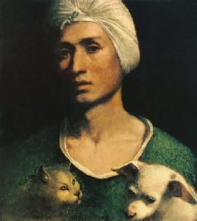 Portrait of a Young Man With a Dog and a Cat