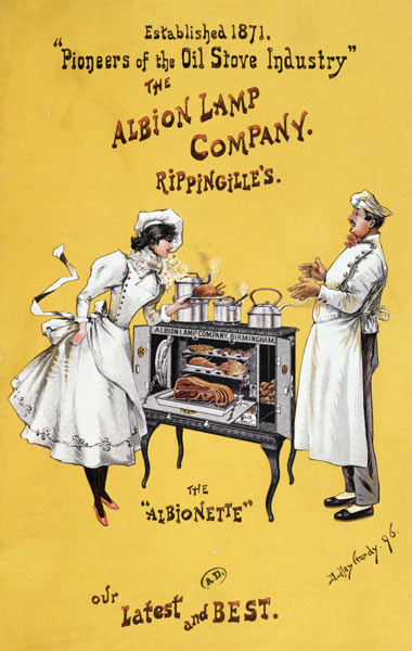 Advertisement for 'The Albionette' oven, manufactured by 'The Albion Lamp Company' de Dudley Hardy