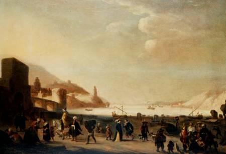 A port with street vendors and peasants in the foreground (panel) de Dutch School