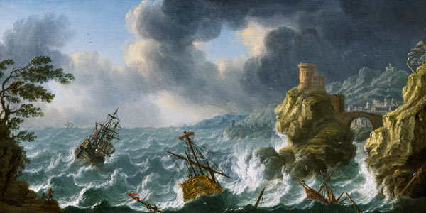 Shipwreck in a storm off a rocky coast de Dutch School