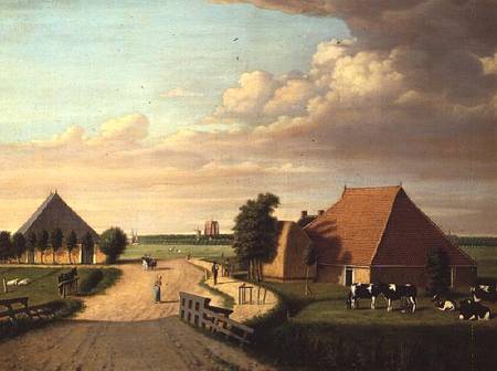 A study of Leevwarden in Holland with a herd of Friesian cattle in the foreground de Dutch School