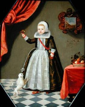 Portrait of a Young Girl with a Bird on her Finger and a Dog at her Feet