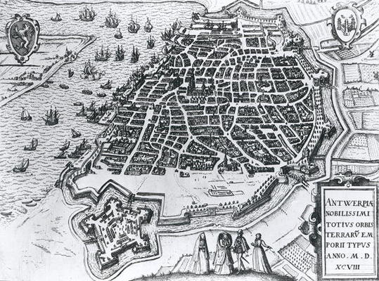 Map of Antwerp, 1598 (engraving) (b/w photo) de Dutch School, (16th century)