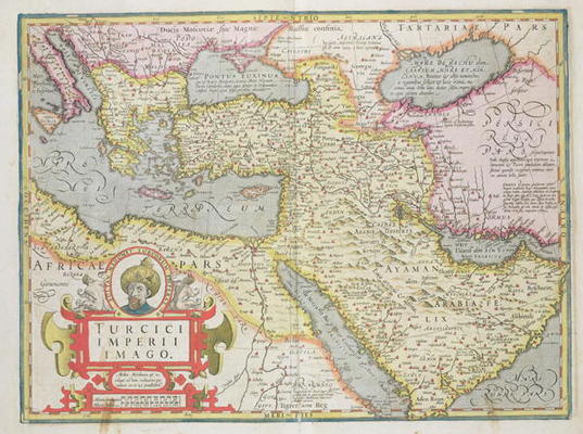 Map of the Turkish Empire, from the Mercator 'Atlas' pub. by Jodocus Hondius (1563-1612) Amsterdam, de Dutch School, (17th century)