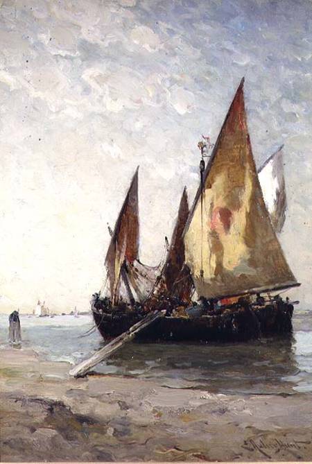 Fishing Boats Moored on the Beach de E. Aubrey Hunt