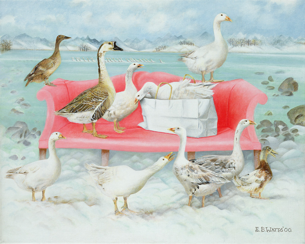 Geese on Pink Sofa, 2000 (acrylic on canvas)  de E.B.  Watts