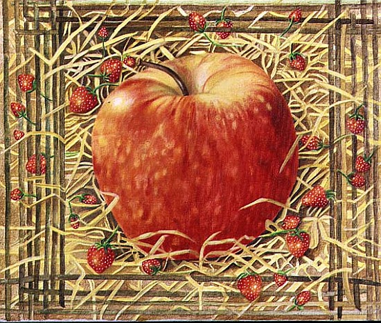 Apple in Straw with Strawberries, 1997 (acrylic on canvas)  de E.B.  Watts