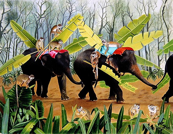 Elephant and Monkeys with Banana Leaves de E.B.  Watts