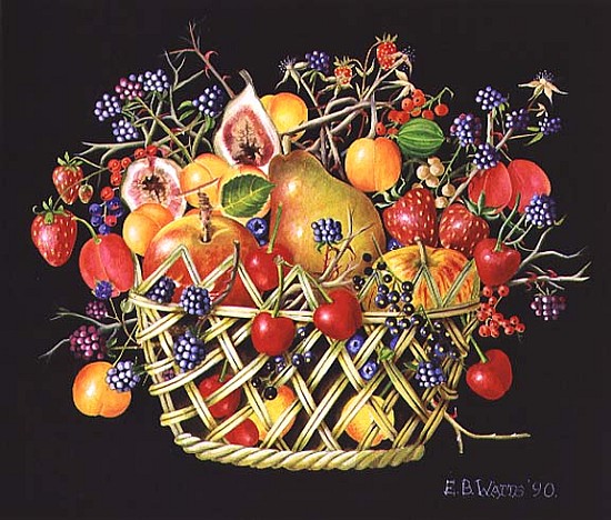 Fruit in a Basket with Black Background, 1990 (acrylic)  de E.B.  Watts