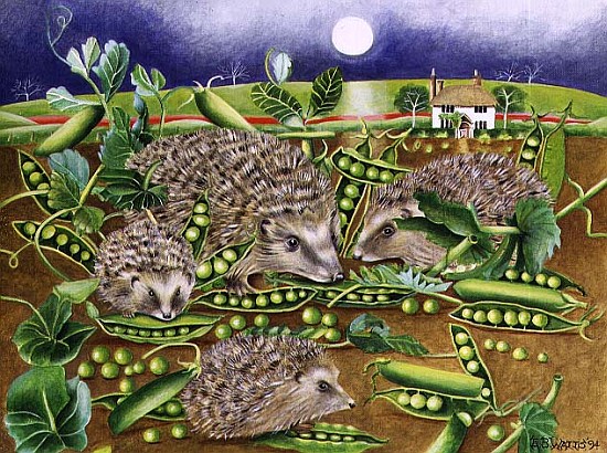 Hedgehogs with Peas beside a Poppy field at night, 1994 (acrylic)  de E.B.  Watts