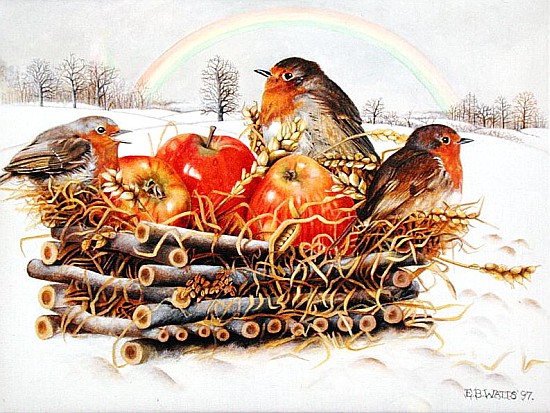 Robins with Apples, 1997 (acrylic on canvas)  de E.B.  Watts