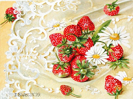 Strawberries on Lace, 1999 (acrylic on paper)  de E.B.  Watts