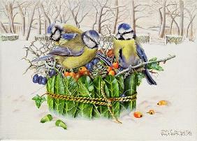 Blue Tits in Leaf Nest, 1996 (acrylic on canvas) 
