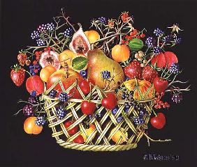 Fruit in a Basket with Black Background, 1990 (acrylic) 