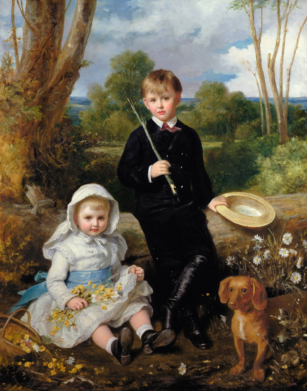 Portrait of a Brother and Sister with their Pet Dog in a Wooded Landscape de Eden Upton Eddis