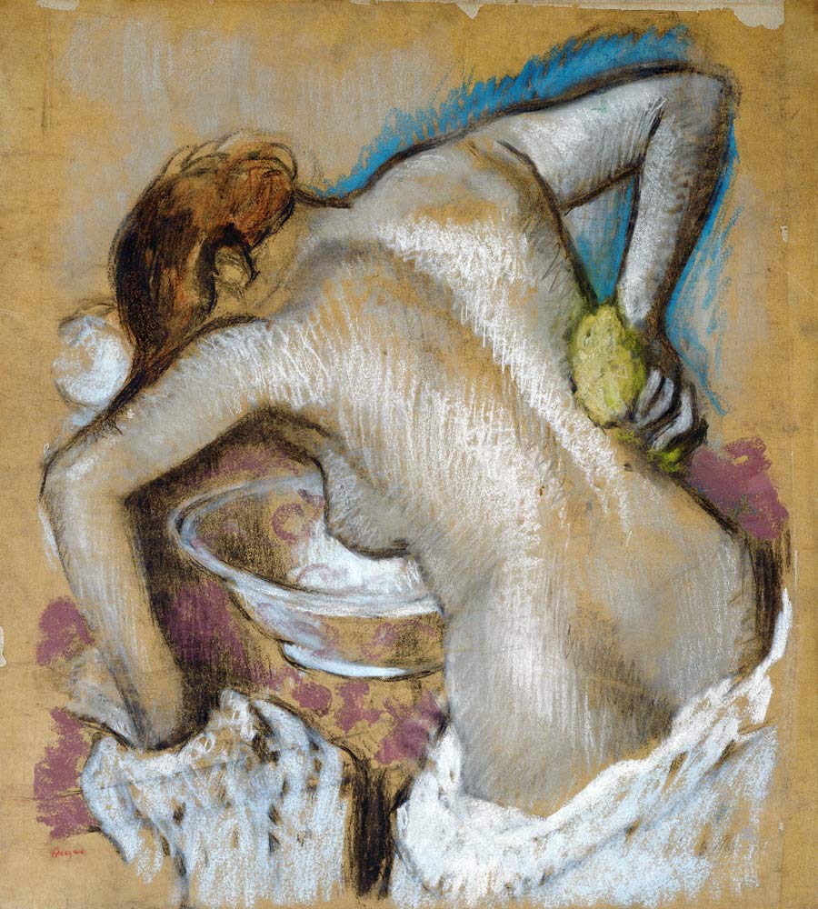 Frau, ihren Rücken mit einem Schwamm waschend de Edgar Degas
