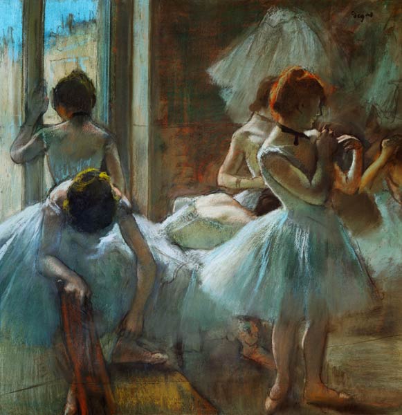 Blaue Tänzerinnen in der Pause de Edgar Degas