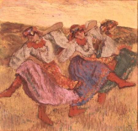 Three dancers in peasant costume de Edgar Degas