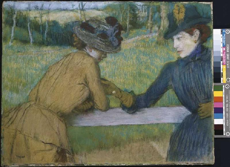 Zwei Frauen beim Gespräch an einem Zaun. de Edgar Degas