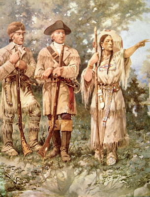 Lewis and Clark with Sacagawea (colour litho) (detail) de Edgar Samuel Paxson
